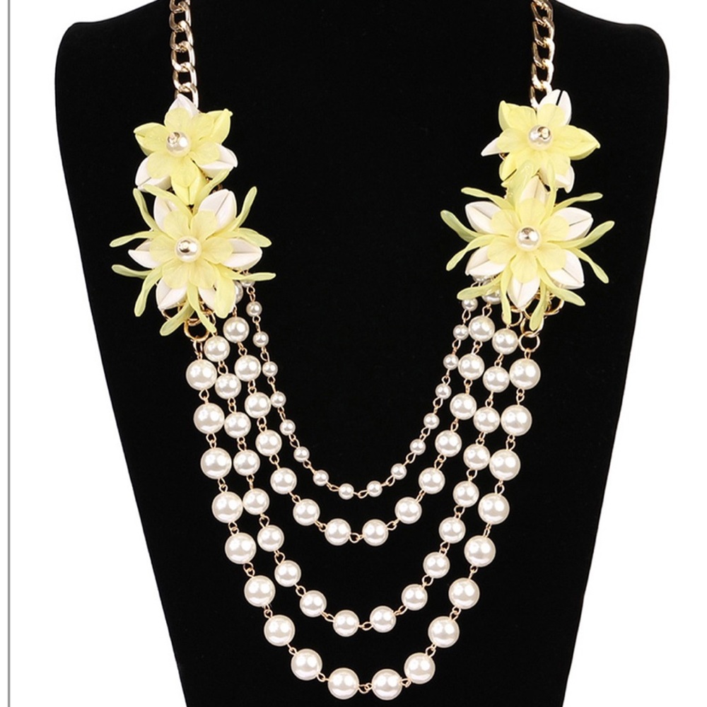 Brand New Yellow Floral & Faux Pearl Necklace - Picture 1 of 4